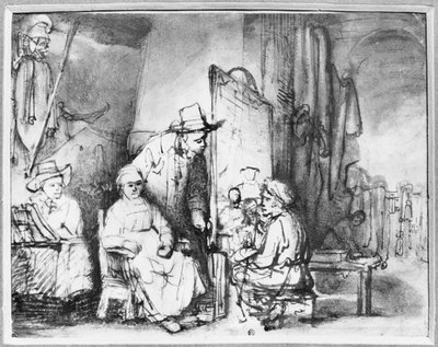 Interior of a Studio with a Painter Painting the Portrait of a Couple by Rembrandt van Rijn